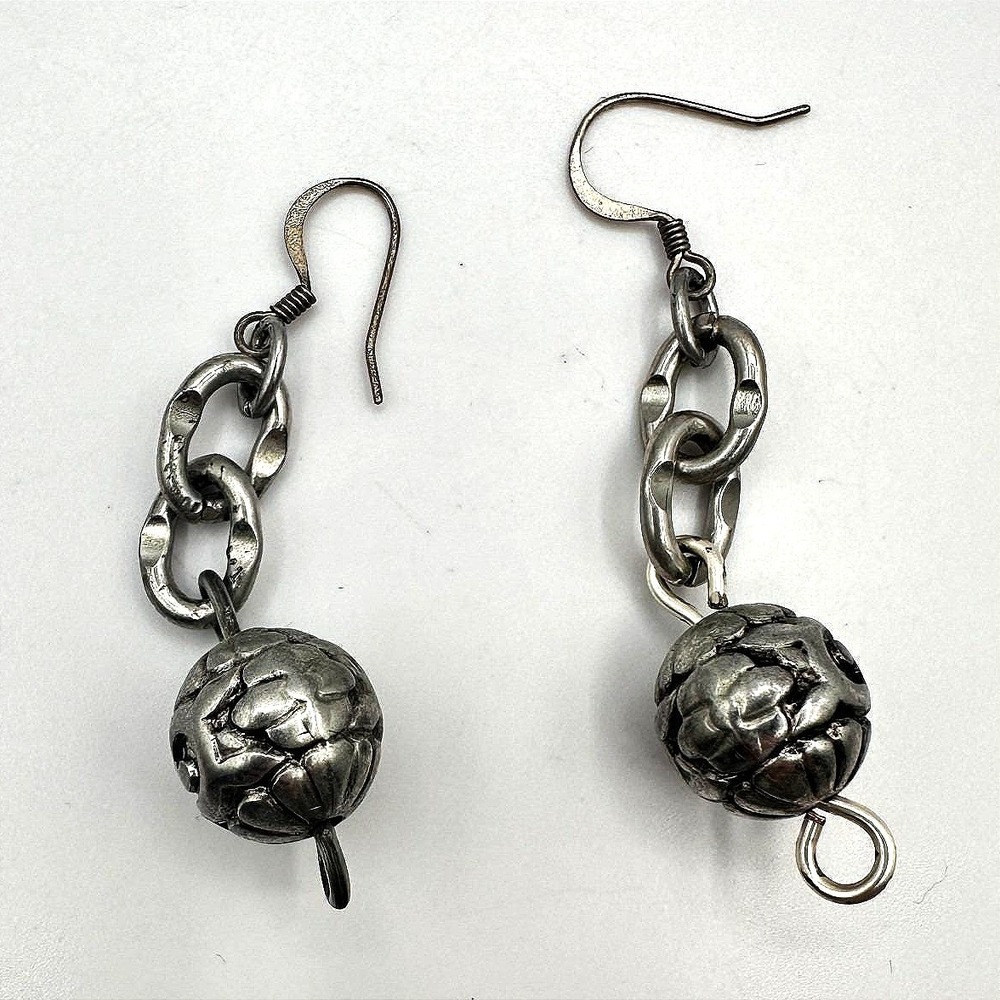 Vintage 90s SilverTone Sculpted Orb Dangle Earrings Chain Link Boho Drop Jewelry